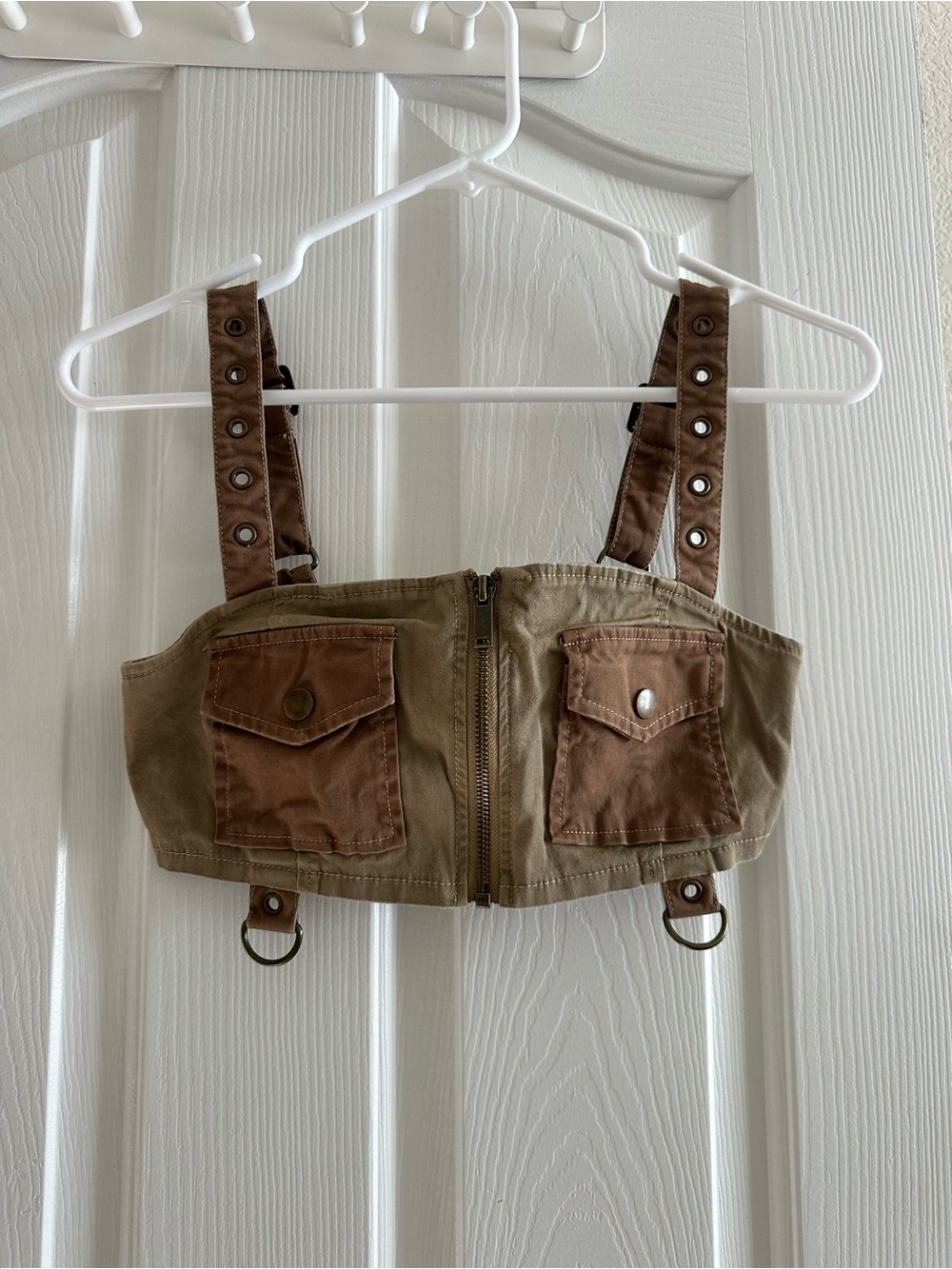 dolls kill Cargo Utility Crop Top with Pocket Detail - Brown/Olive